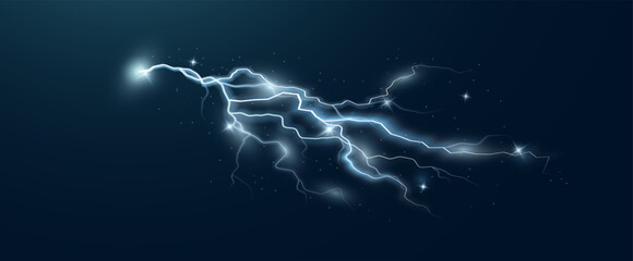 Realistic lightning flash effect, thunderstorm and lightning. Shining white lightning isolated on transparent background, natural phenomenon png. Black lightning.