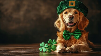 Golden retriever with st. patrick's day hat and bow tie. Saint Patrick's Day, St Paddy's Day, St Patty's Day - Irish National Holiday and Cultural Celebration