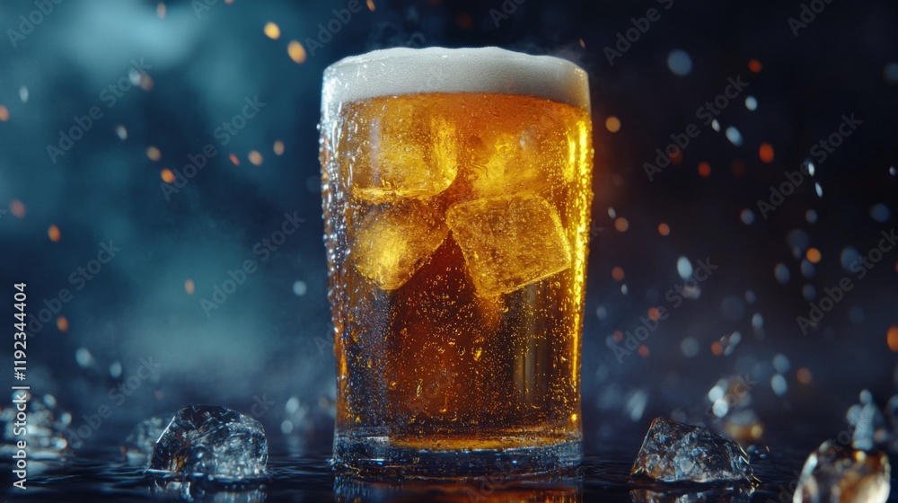 Poster a frosty beer glass filled with ice, set against a dark background with soft lighting emphasizing th