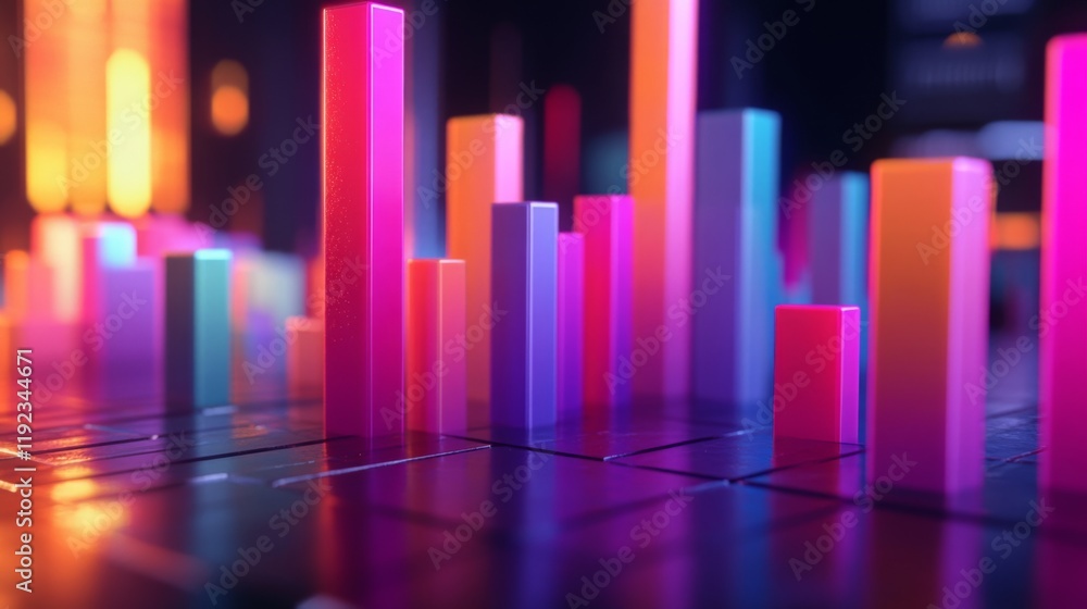 Aufkleber A futuristic D bar graph with colorful, glowing bars rising on a digital screen, showcasing financial growth and performance over time