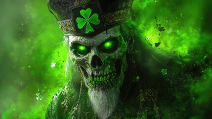 Luminous skeleton king with shamrock crown in green mist. Saint Patrick's Day, St Paddy's Day, St Patty's Day - Irish National Holiday and Cultural Celebration
