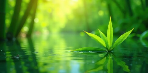 Sunlight illuminating fresh bamboo leaves atop still water surface , element, stock