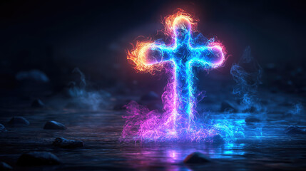 Glowing neon cross with vibrant flames on dark water surface. Easter, Pascha, Paskha, Ostern, Pascua, Paques - Orthodox and Catholic Holiday celebration