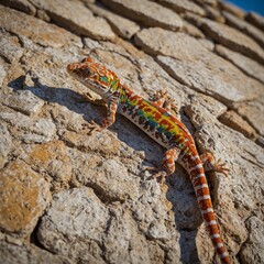 A gecko with colorful patterns lounging on a textured, rustic stone wall in the Mediterranean sun.