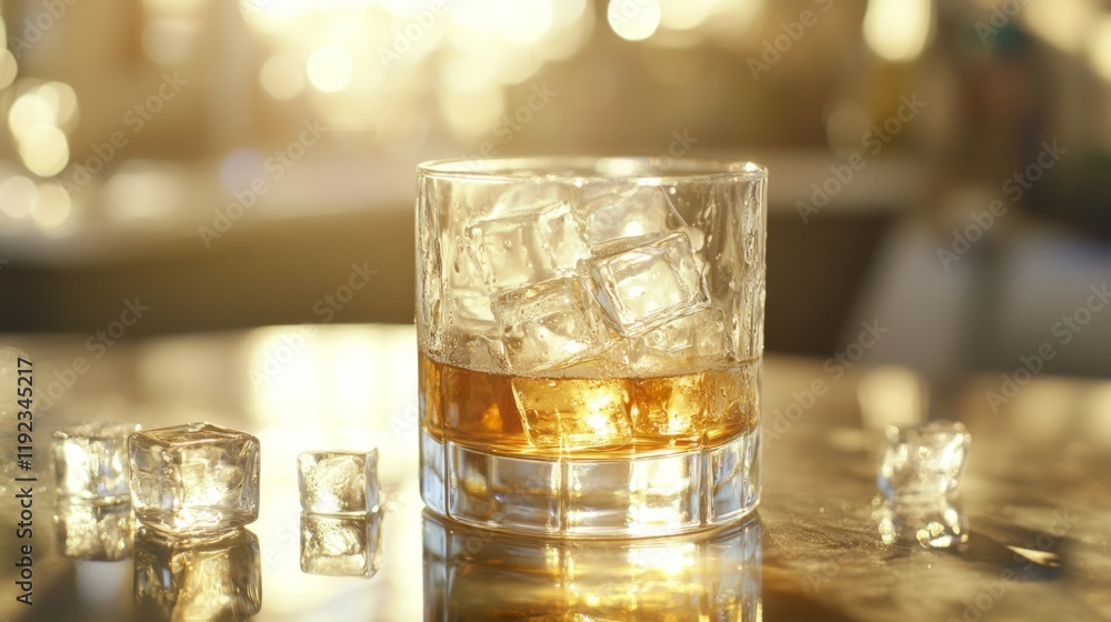 Poster A glass of beer with ice, sitting on a bar counter with reflections from the ice cubes and golden liquid, creating a refreshing and inviting atmosphere
