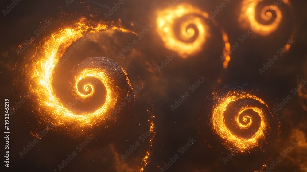 Poster fiery spiral patterns emanating light abstract scene digital art dark background high contrast visua