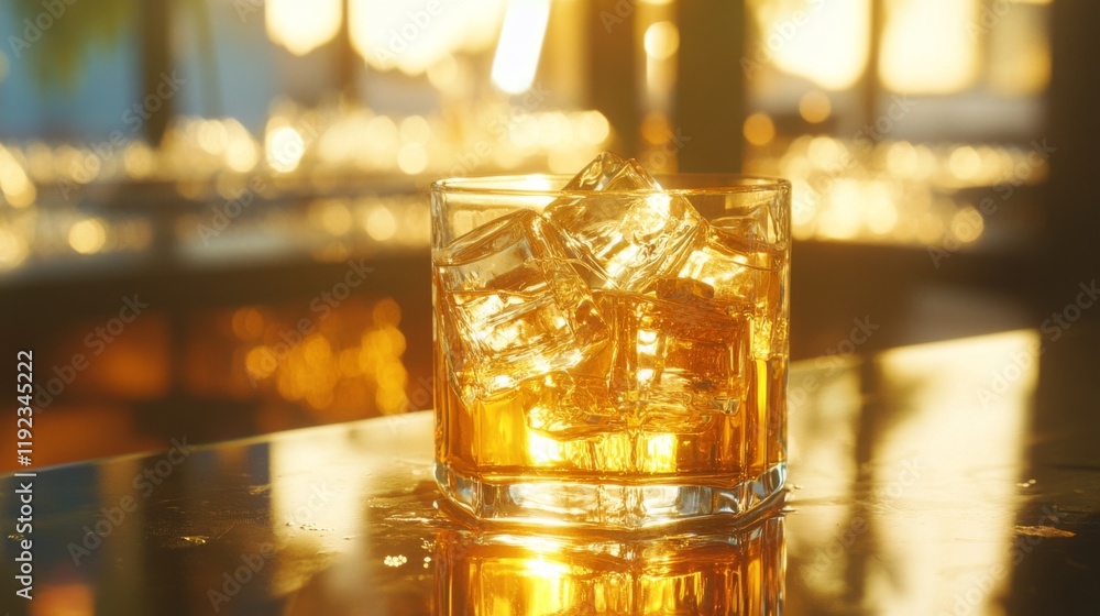 Poster A glass of beer with ice, sitting on a bar counter with reflections from the ice cubes and golden liquid, creating a refreshing and inviting atmosphere