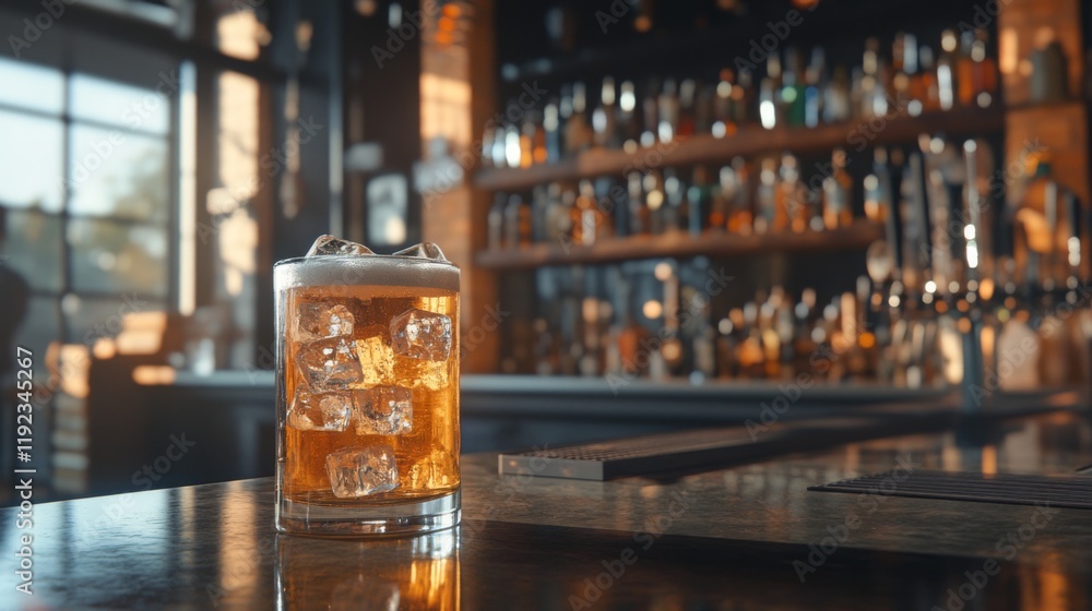 Poster A glass of beer with ice, sitting on a bar counter with reflections from the ice cubes and golden liquid, creating a refreshing and inviting atmosphere
