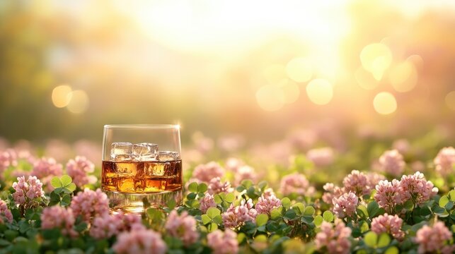 Whiskey glass with ice among blooming clover flowers at sunrise. Saint Patrick's Day, St Paddy's Day, St Patty's Day - Irish National Holiday and Cultural Celebration