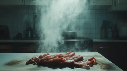 A group of bacon strips freshly cooked, laid out on a kitchen counter, surrounded by a faint mist of steam, capturing their golden, crispy appearance