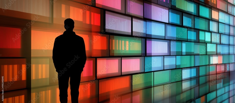 Poster digital human figure in front of abstract wall with glowing binary code, symbolizing ai and future t