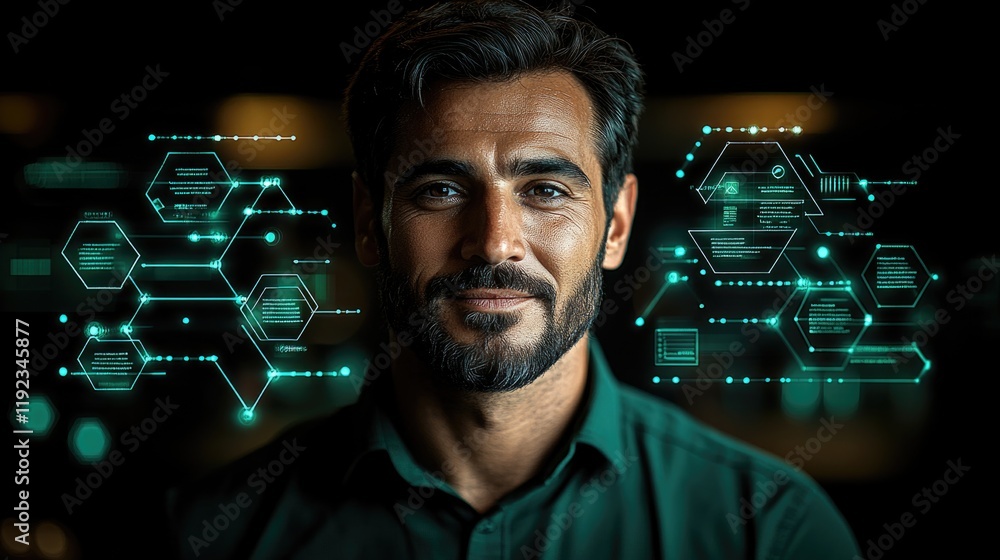 Poster young caucasian man with digital interface and geometric patterns in background