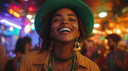 Young african woman smiling at a festive party with colorful lights and joyful atmosphere. Saint Patrick's Day, St Paddy's Day, St Patty's Day - Irish National Holiday and Cultural Celebration