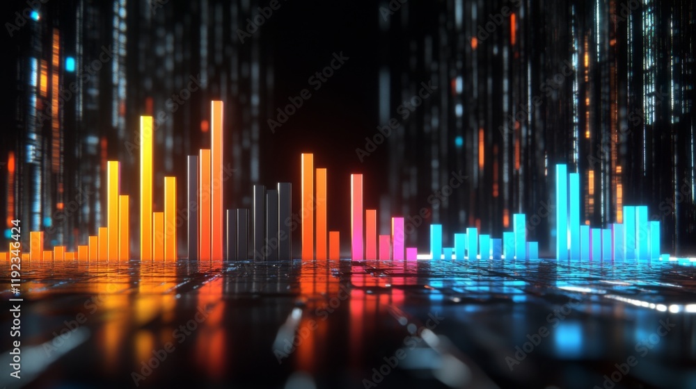 Poster a high-tech d bar graph with sharp, colorful bars representing market performance, with soft lightin