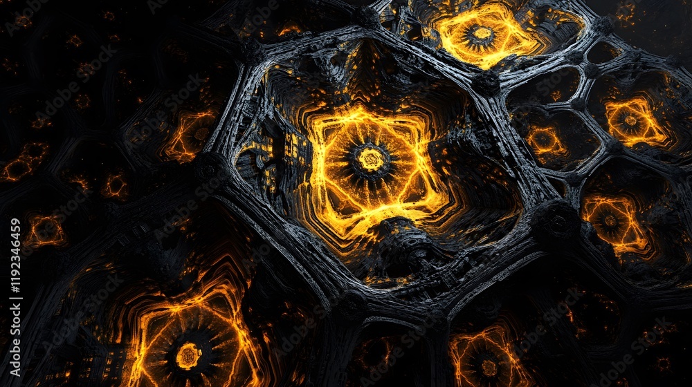 Poster dynamic fractal patterns in abstract art digital realm visual artwork dark environment close-up view