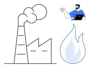 Factory emitting smoke, blue flame symbolizing clean energy solutions, man with laptop pointing towards concepts. Ideal for industry, environment, renewable energy, sustainability, technology