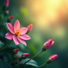 Naklejka premium Soft, diffused light illuminates gently blurred floral bokeh background, hues, fairy, background