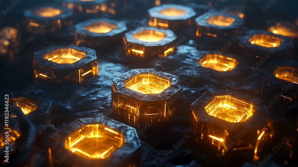 Poster illuminated hexagon patterns digital art fantasy environment high-contrast sci-fi concept