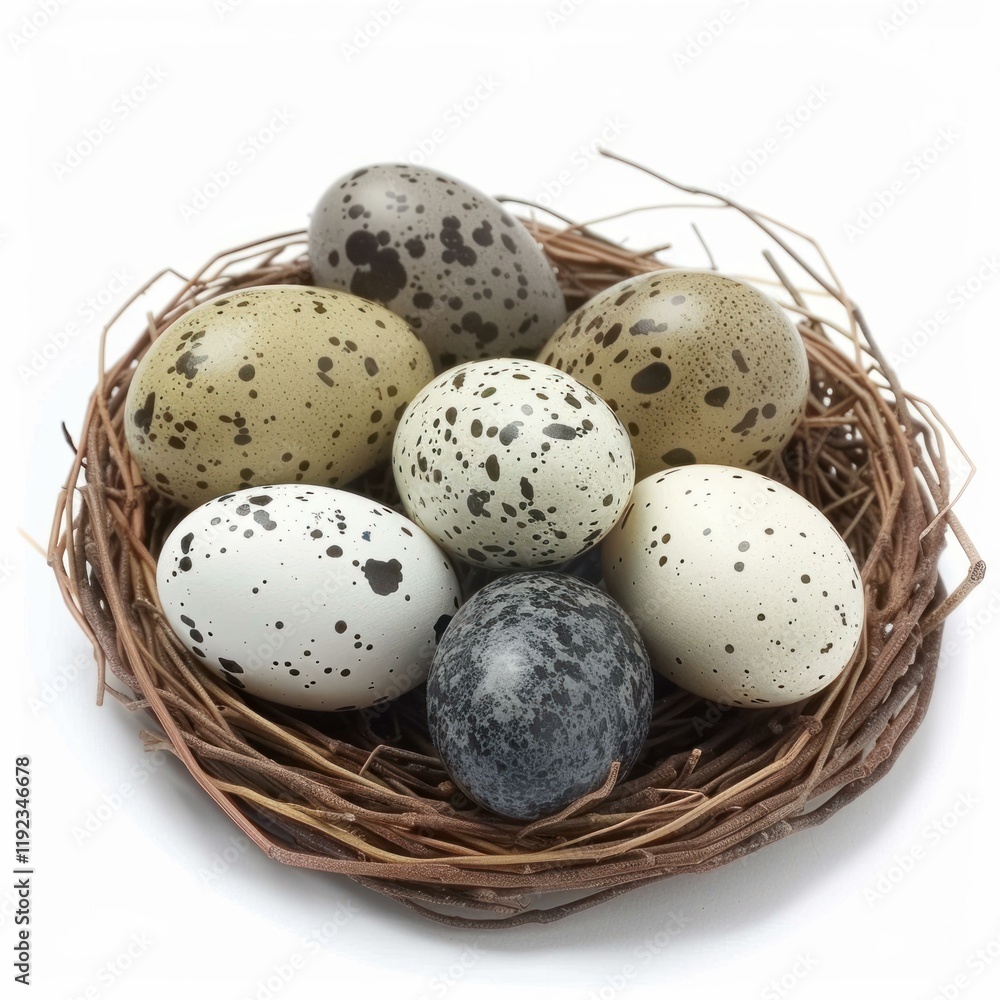 Poster seven speckled bird eggs resting in a small brown twig nest isolated on a white background