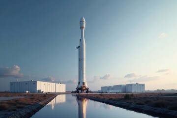 Obraz premium A colossal rocket stands poised for launch, reflected in the still waters of a canal, its sleek white form silhouetted against a tranquil twilight sky, flanked by industrial buildings.