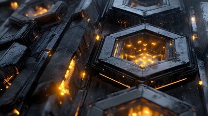 Illuminated hexagonal pattern abstract digital art futuristic environment close-up view tech concept