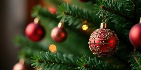 Fototapeta premium Close-up of ornate Christmas tree ornaments, rich green branches, luxury, macro, elegant