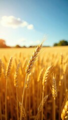 Naklejka premium Vast golden wheat field bathed in sunlight, horizon visible , yellow, agricultural landscape