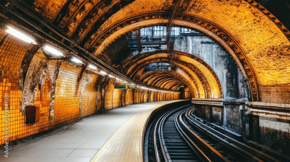 Fototapete A long perspective shot of an empty subway tunnel, with illuminated track rails and smooth, curved walls, capturing the quiet and emptiness of the space