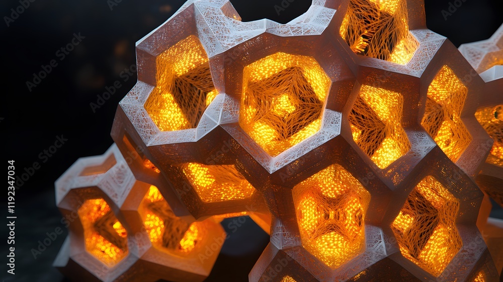 Poster illuminated honeycomb structure artistic display unique design dark environment close-up view modern