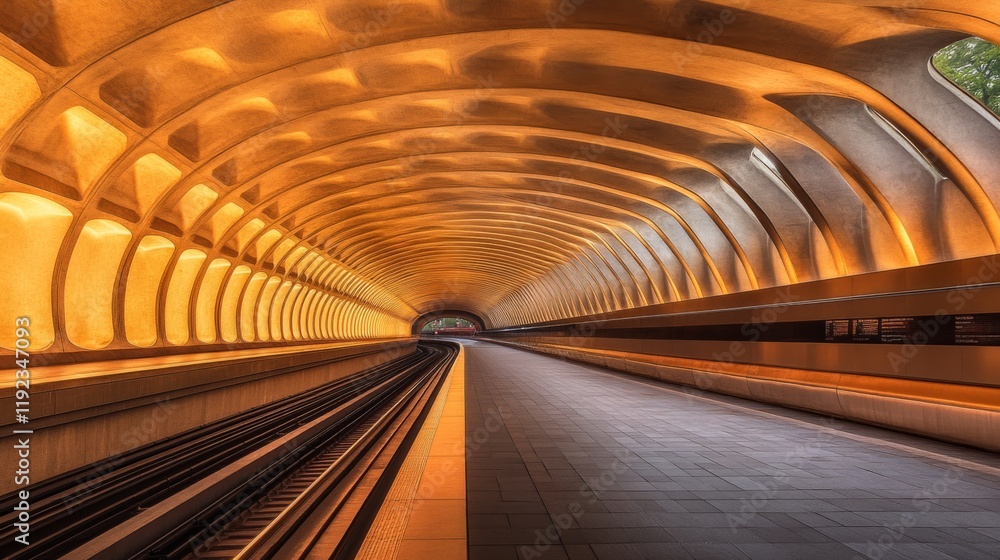 Fototapete a long perspective shot of an empty subway tunnel, with illuminated track rails and smooth, curved w