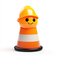 Happy cartoon traffic cone wearing a hard hat.