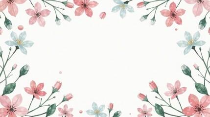 Delicate Floral Frame with Pink and Blue Blossoms, Perfect for Springtime Designs or Elegant Invitations