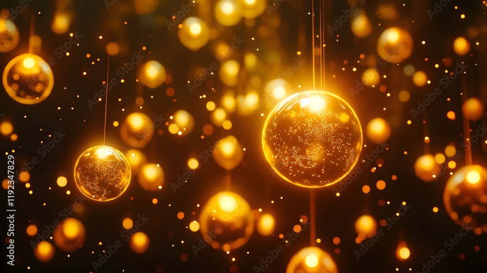 Poster glowing golden orbs floating in dark space abstract art digital creation mystical atmosphere macro v