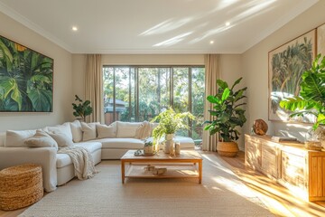 Fototapeta premium Modern living room showcasing biophilic design with tropical plants and natural materials