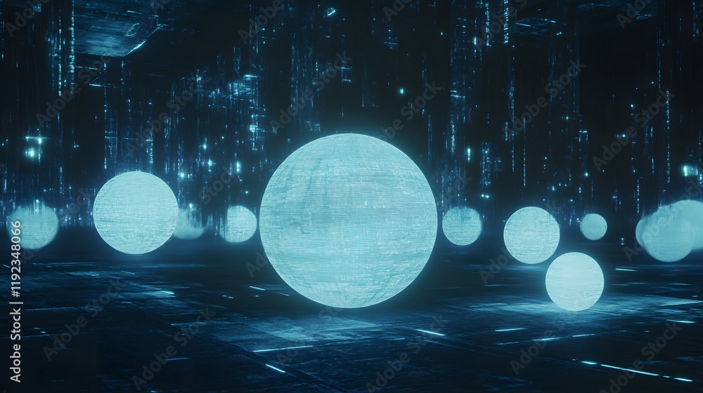 Poster exploring futuristic light orbs in a digital realm virtual environment 3d animation sci-fi concept
