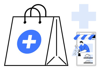 Shopping bag with medical cross symbol, person using e-commerce checkout on smartphone, blue plus. Ideal for online shopping, e-commerce, retail therapy, digital marketplace, health products, virtual