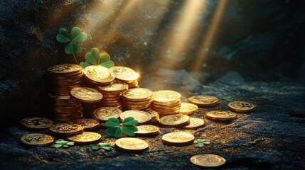 Golden coins and shamrocks illuminated by sunlight in a rocky setting. Saint Patrick's Day, St Paddy's Day, St Patty's Day - Irish National Holiday and Cultural Celebration