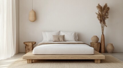A minimalist bedroom in Japanese style with tatami flooring, wooden furniture, a futon on the floor, and simple decor creating a quiet, peaceful atmosphere