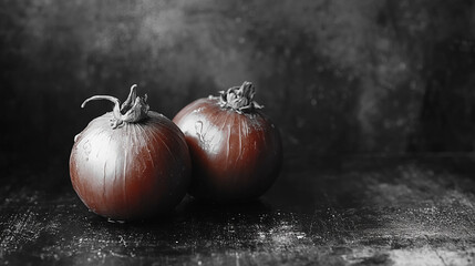 Dark background highlights two fresh onions with textured surfaces resting beside each other