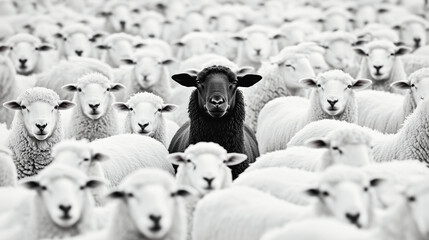 A medium shot of a young black sheep centered among blurred white sheep, highlighting individuality and bold contrast in a monochrome composition with textured details.  
