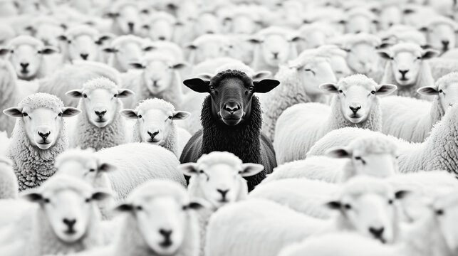 A medium shot of a young black sheep centered among blurred white sheep, highlighting individuality and bold contrast in a monochrome composition with textured details.  
