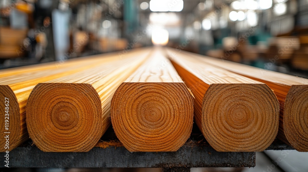 Poster image of freshly cut timber logs stacked in a wood processing factory with machinery in the backgrou