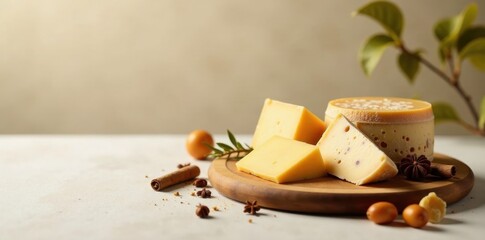 Fototapeta premium Artisan Cheese Selection on Rustic Wooden Board with Aromatic Spices