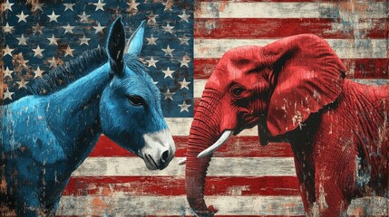 "Democrat and Republican American Political Parties: Blue Donkey and Red Elephant on US Flag Background, 2024 US Presidential Election"