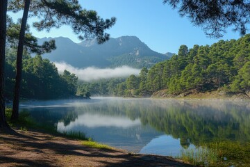 Fog hovering over a mountain lake in the early morning