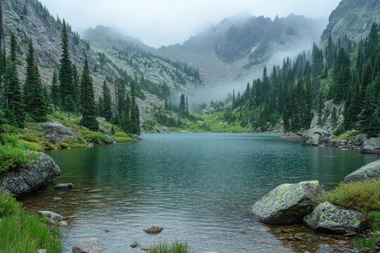 Fog hanging over lake isabelle in the indian peaks wilderness