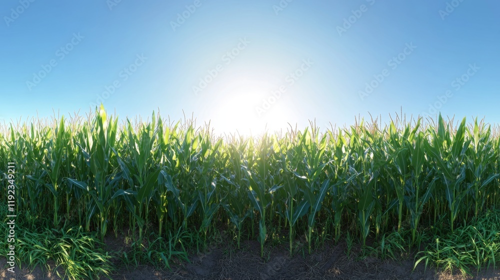Poster a panoramic view of a vibrant green cornfield under a clear sky, with sunlight filtering through the