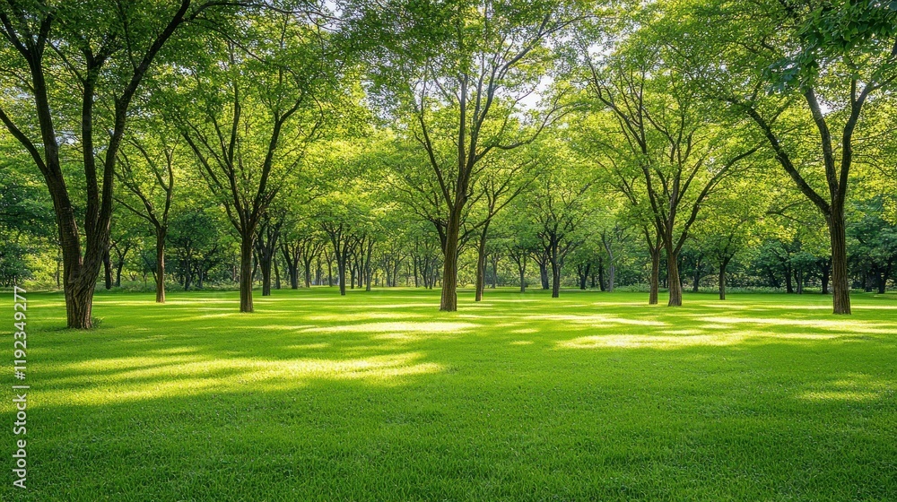 Poster lush green park with sunlight filtering through trees, creating dappled shadows on the grass.