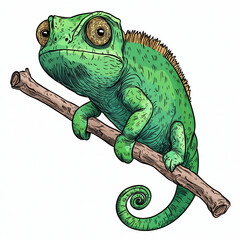 Obraz premium Green Chameleon Perched on Branch, Detailed Illustration