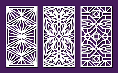 Set of decorative panels. Rectangular lattices with geometric linear pattern, openwork floral ornament. Template for plotter laser cutting of paper, fretwork, wood carving, metal engraving, cnc. 